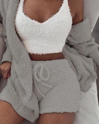 Women's 3-Piece Velvet Pajama Set Long Sleeve Jacket Crop Tank Shorts