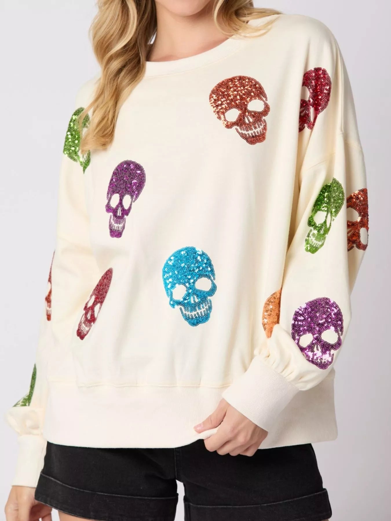 Sarah Express Women's Halloween Colorful Skull Sequin Oversized Sweatshirt Milky White