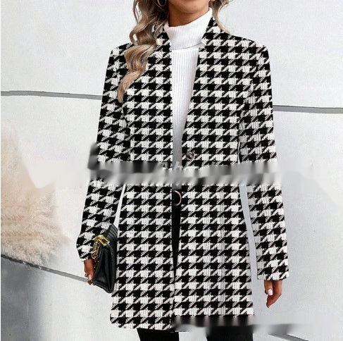 Women's Printed Stand Collar Trench Coat Long Sleeve Mid Length Korean Style Outerwear