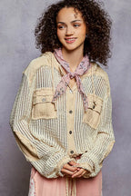 Women's cream multi textured woven button down hooded shirt front view