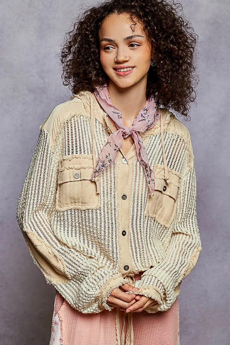 Women's cream multi textured woven button down hooded shirt front view