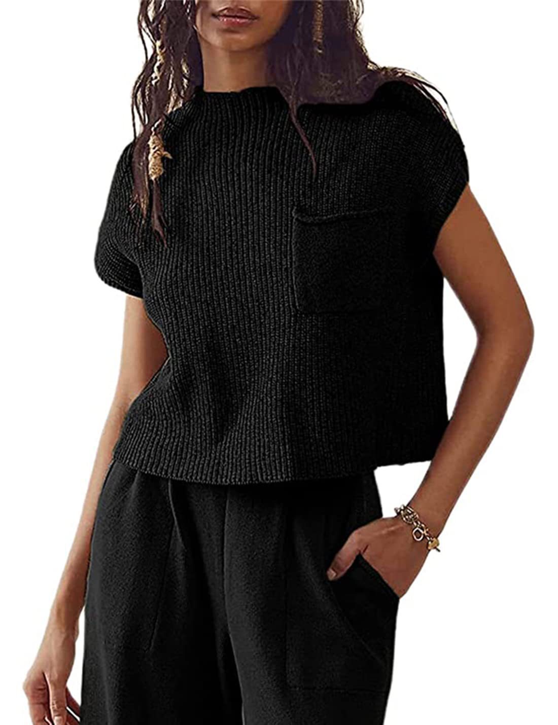 Women's Sleeveless Knit Ribbed Pullover Vest with Pockets