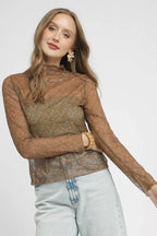 Sarah Express Women’s Sheer Lace and Mesh Long Sleeve Top for Evening