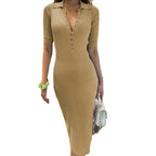 Women's Button Detail Midi Dress Elastic Waist Short Sleeve Pullover Polyester