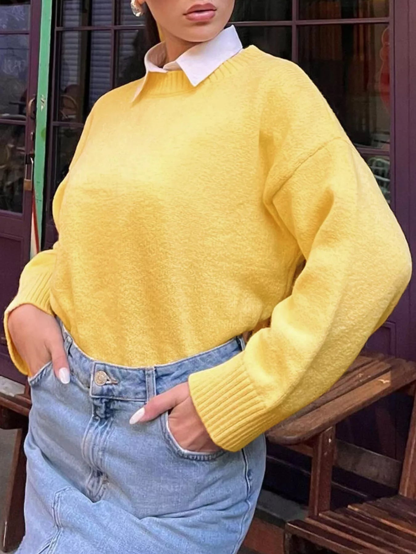 Sarah Express Women's Ribbed Round Neck Dropped Shoulder Sweater