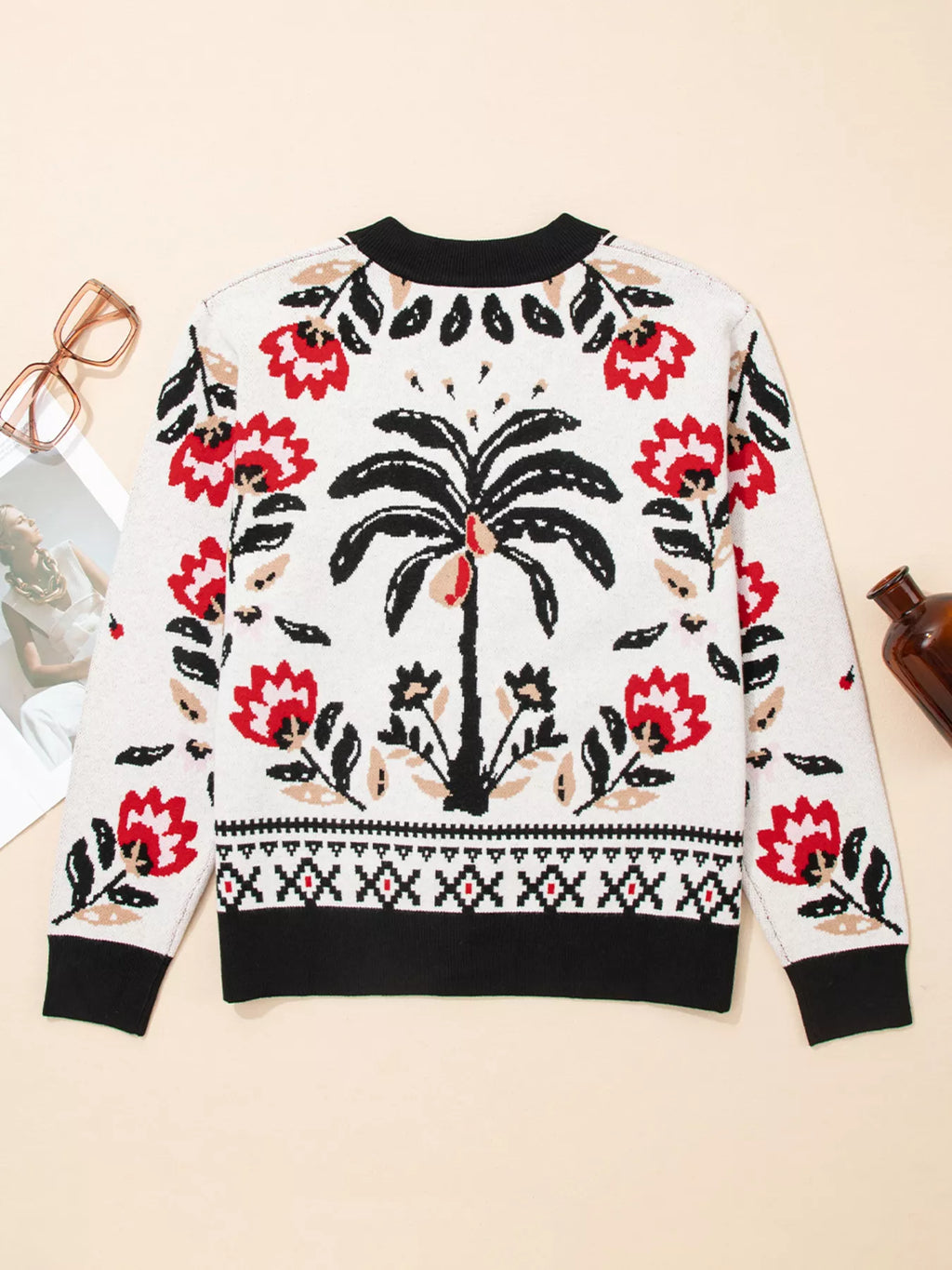 Sarah Express Women's Floral Button Down Cardigan with Geometric Border