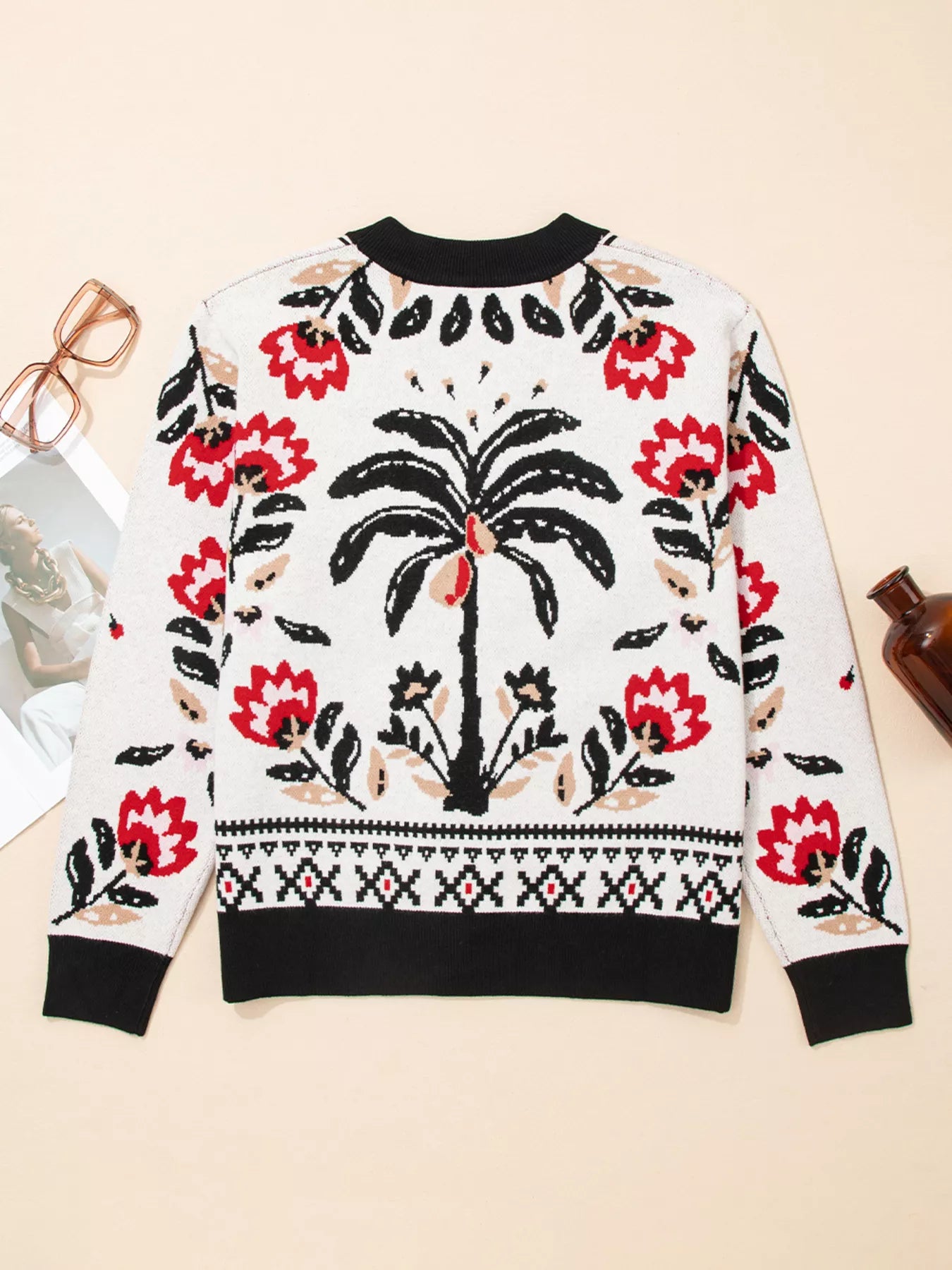 Sarah Express Women's Floral Button Down Cardigan with Geometric Border