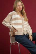 Sarah Express Women’s Stripe Cable-Knit Button-Up Cardigan Casual Fall Winter