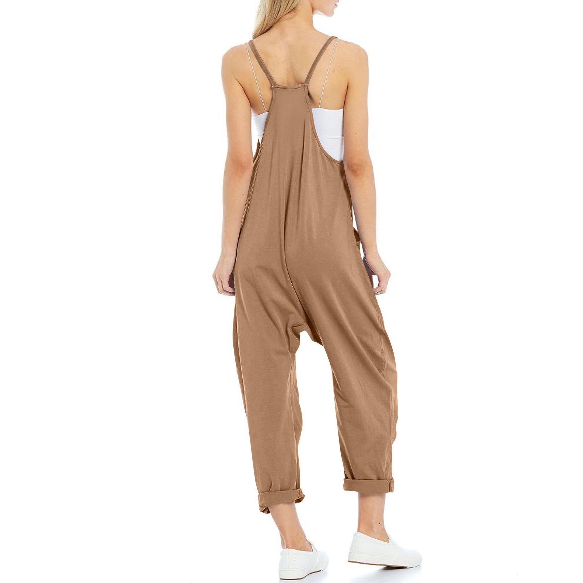Women's Knitted Spaghetti Strap Jumpsuit - Loose Fit Wide Leg Overalls with Pockets