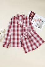 Sarah Express Women's Plaid Long Sleeve Shirt and Drawstring Shorts Lounge Set