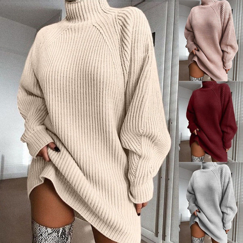 Women's Turtleneck Sweater Dress Long Sleeve Knit Winter Warm Midi Length