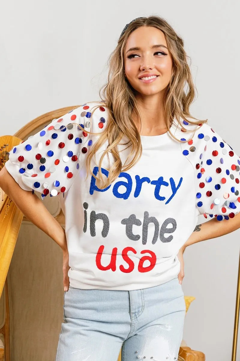 Sarah Express Women’s "Party In The USA" Spangle Puff Sleeve Top