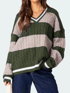 Sarah Express Women's Striped Cable Knit V-Neck Sweater - Oversized Fit