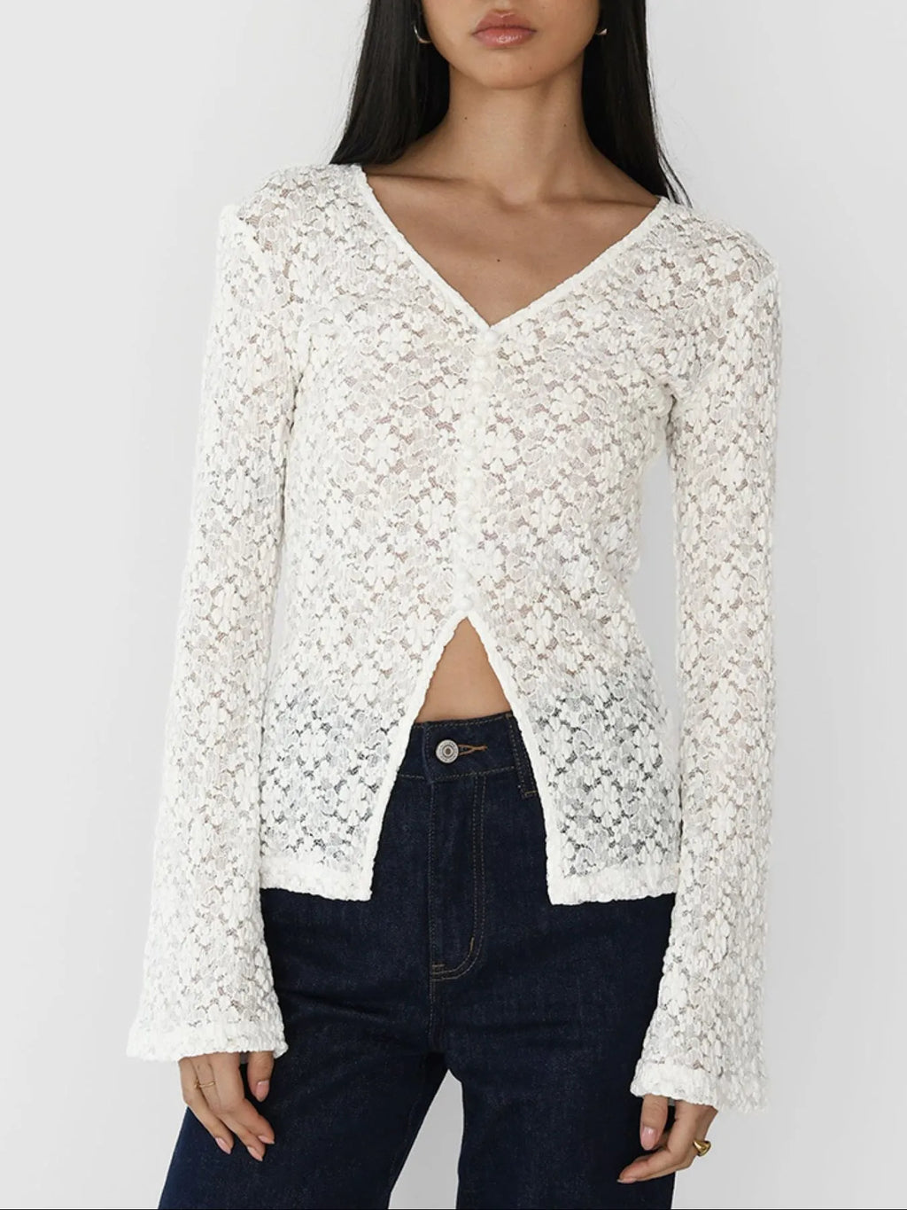 Sarah Express Women's Lace V-Neck Flare Sleeve T-Shirt