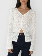 Sarah Express Women's Lace V-Neck Flare Sleeve T-Shirt