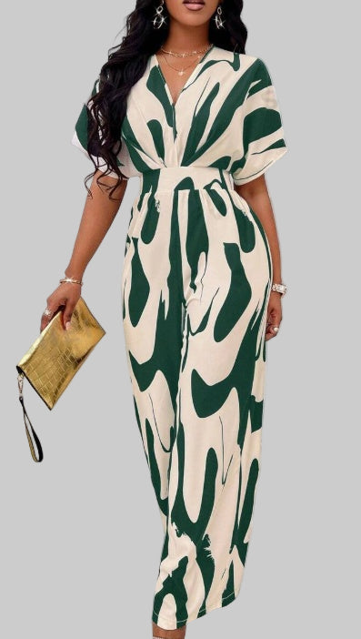 Women's Printed V-Neck Batwing Sleeve Jumpsuit Long Wide Leg One Piece