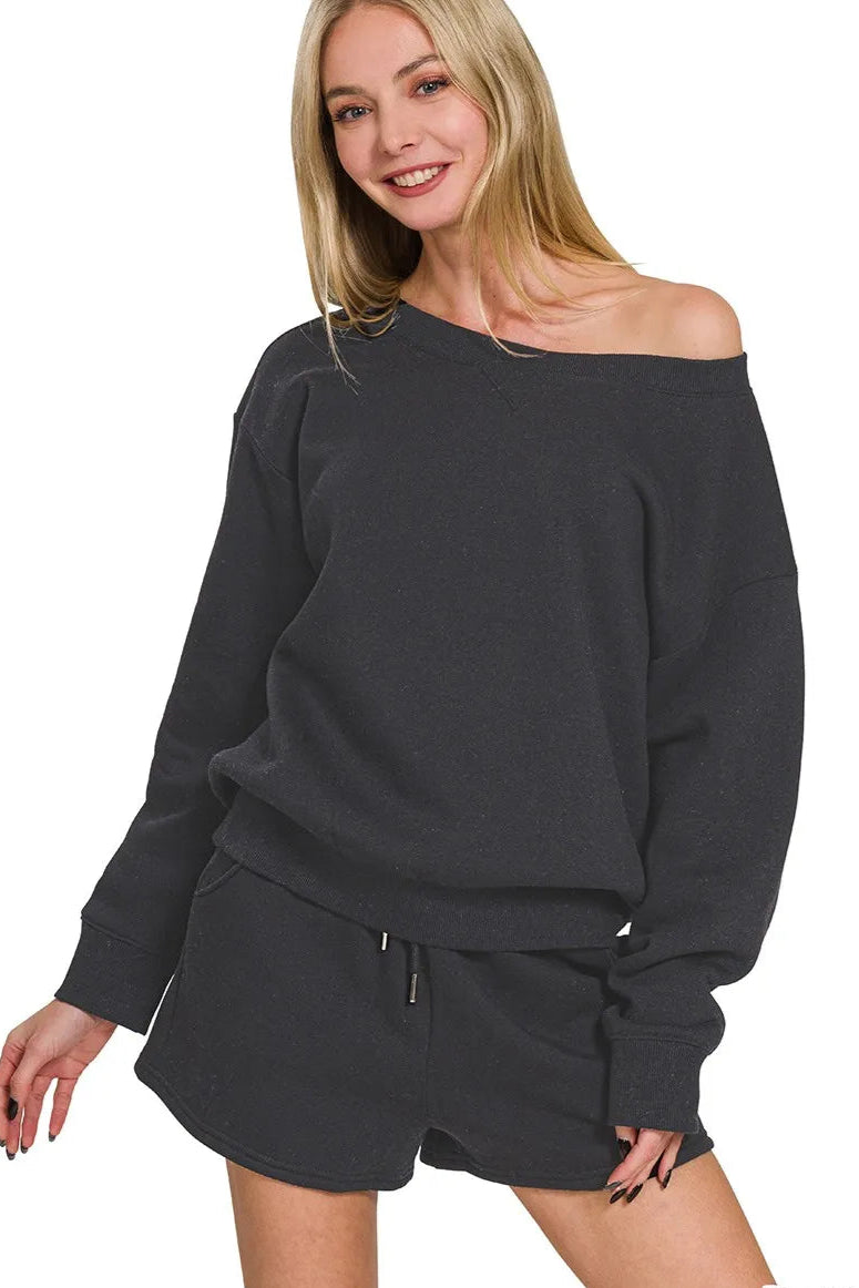 Fleece Boat Neck Sweatshirt and Shorts Set