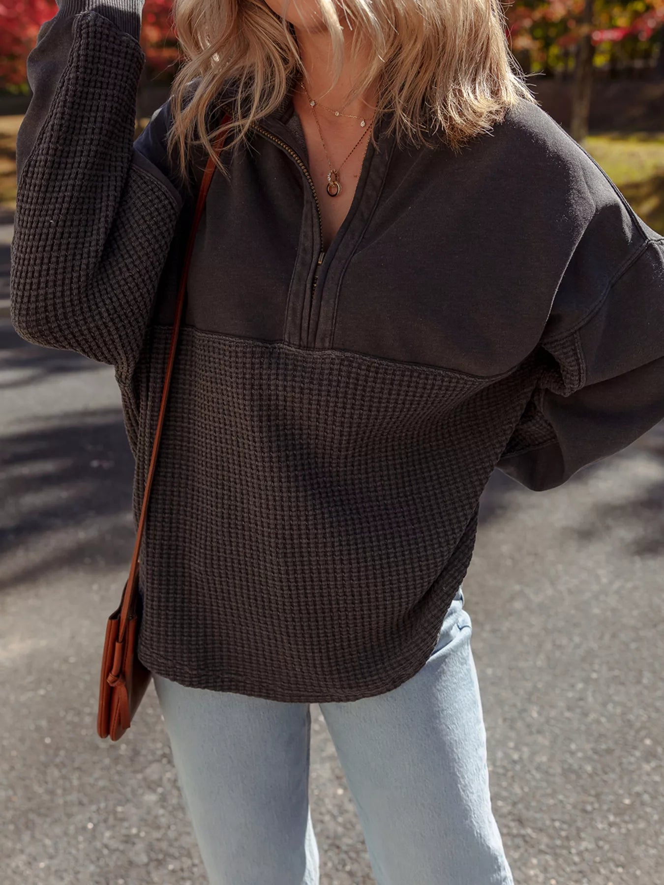 Sarah Express Women's Waffle Knit Patchwork Half Zip Casual Sweatshirt