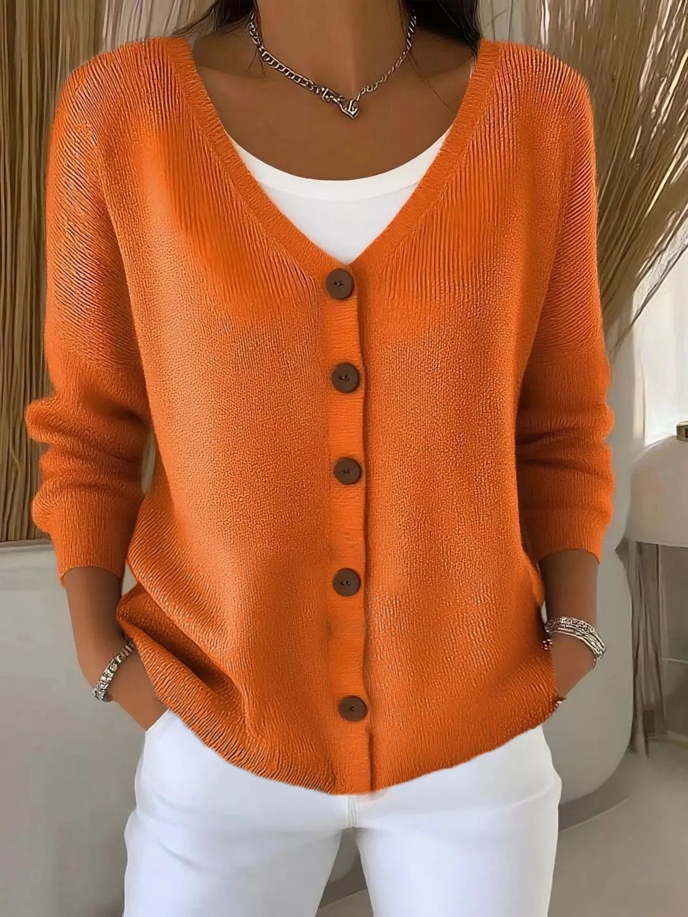 Sarah Express Women's V-Neck Button-Down Knit Cardigan Plus Size Orange