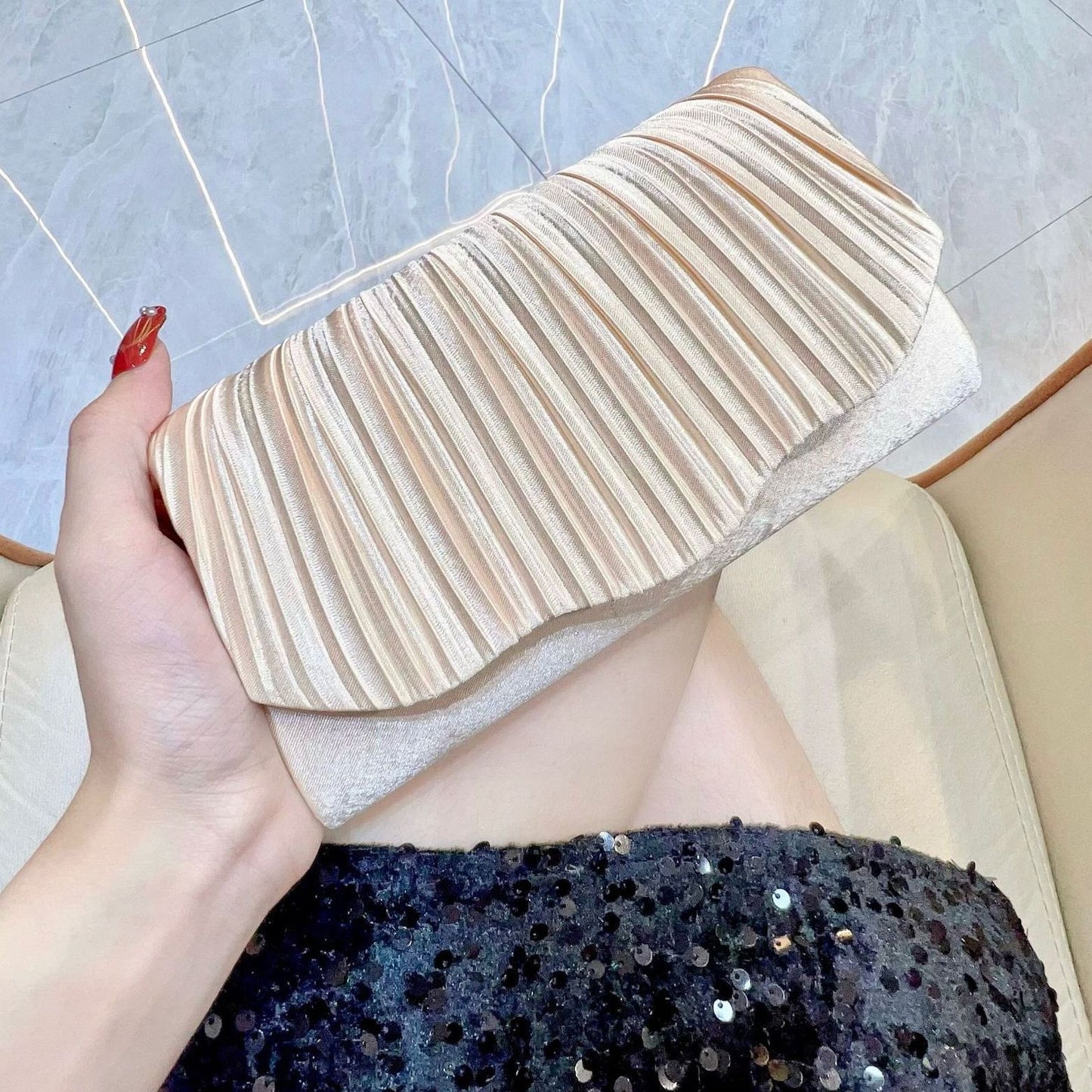 Sarah Express Elegant Satin Pleated Evening Clutch Bag - Cheongsam Style Formal Handbag with Hasp Lock