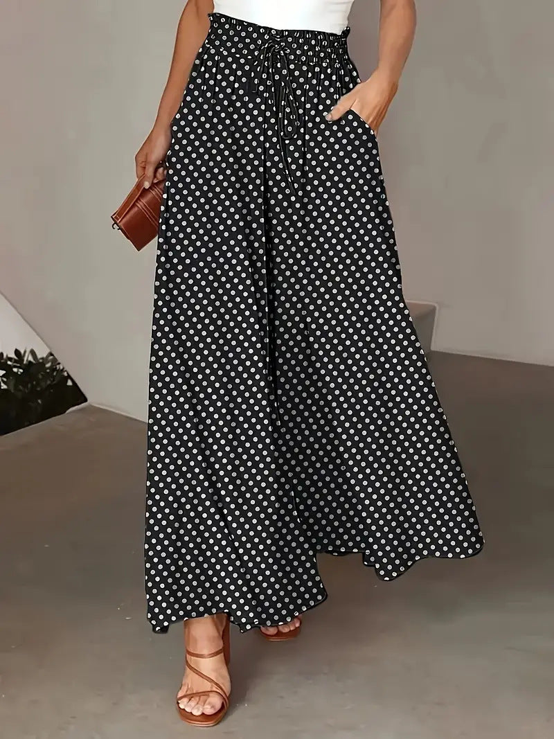 Women's Polka Dot Wide-Leg Pants Elastic Waist Loose Fit Casual Trousers