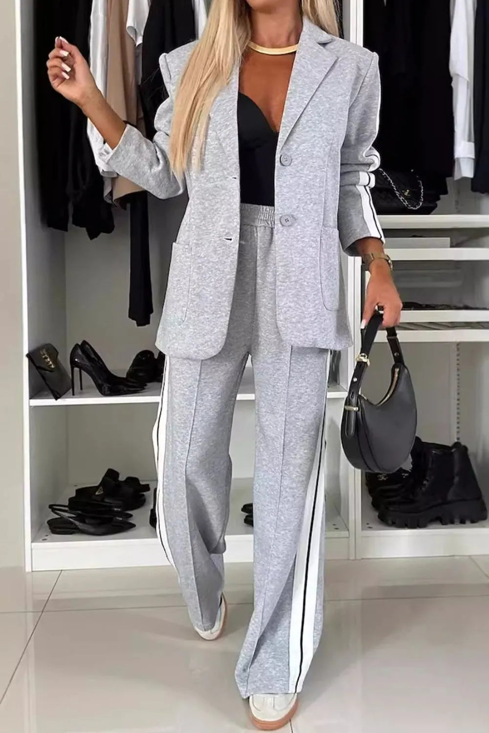 Sarah Express Women's Two-Piece Contrast Lapel Top and Pants Set Buttoned Pocketed Work Casual Outfit Light Gray