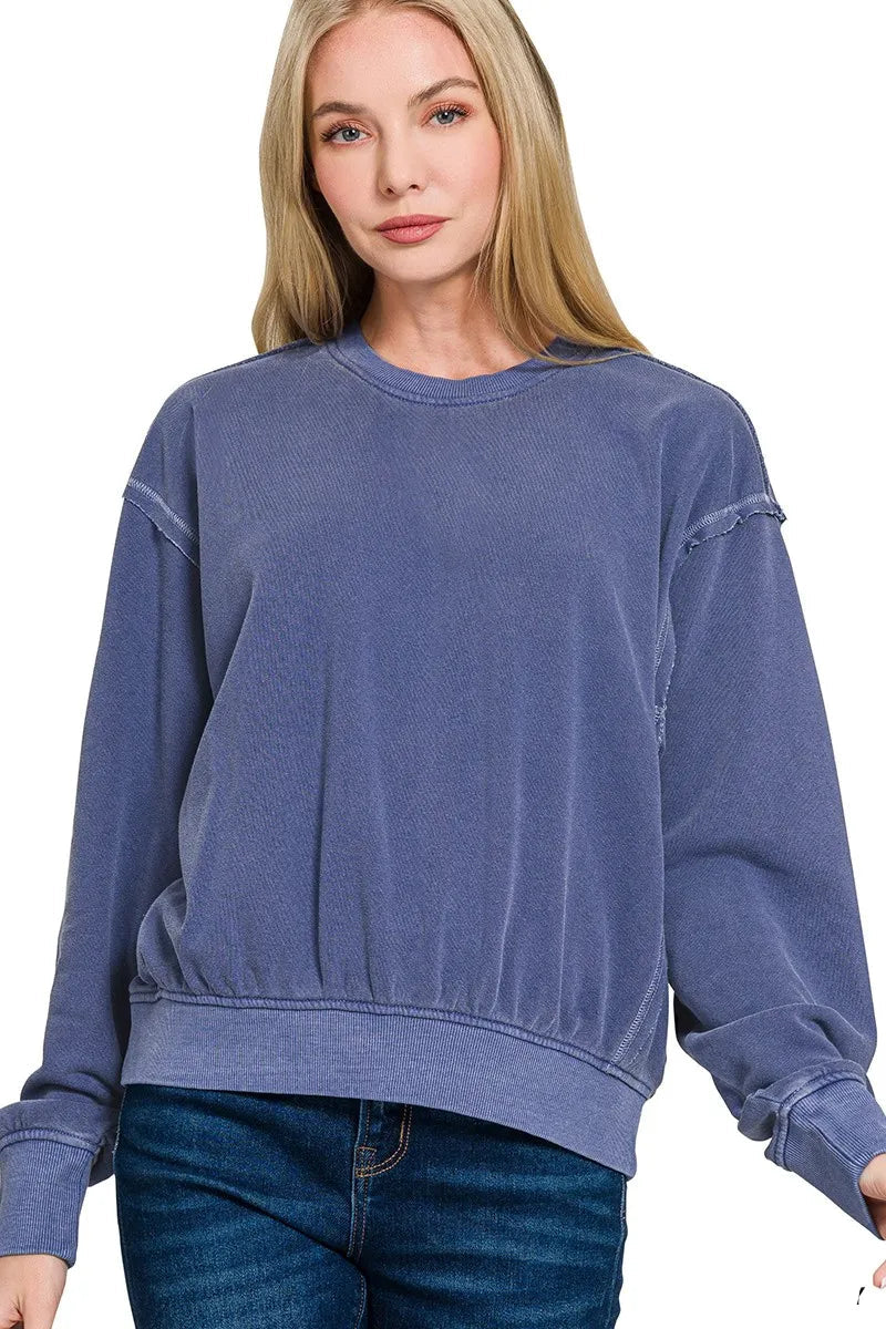 Sarah Express Women's Pigment Dye Fleece Pullover | Oversized Round Neck | Cotton Blend | S-L