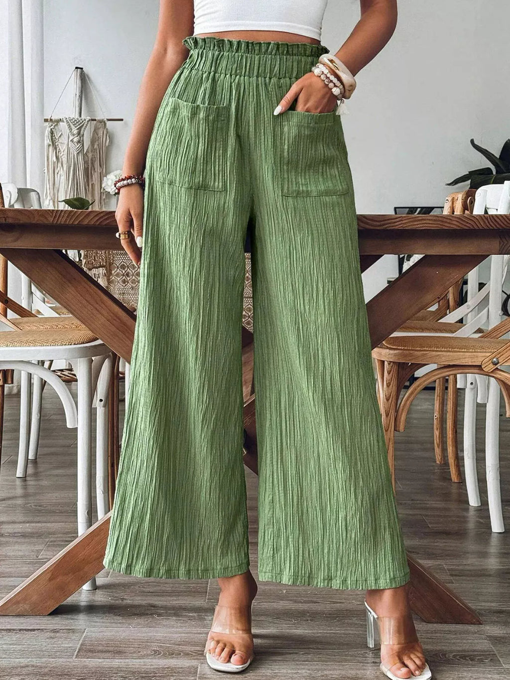 Sarah Express Women's High-Waisted Wide Leg Pants Matcha Green
