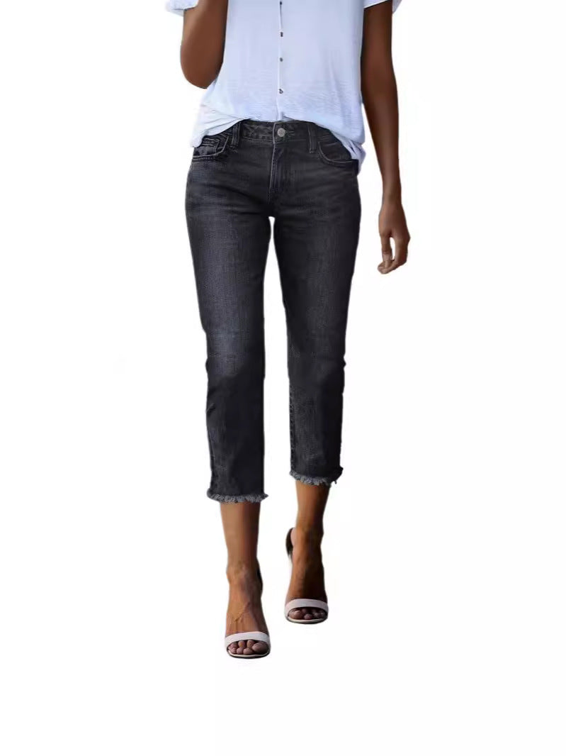 Women's High-Waist Stretch Denim Jeans - Slim Fit Cropped Pants