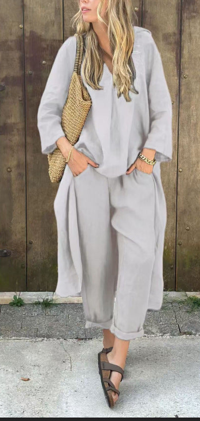 Two Piece Outfit V-Neck Tunic Top Wide Leg Pants Set Women's