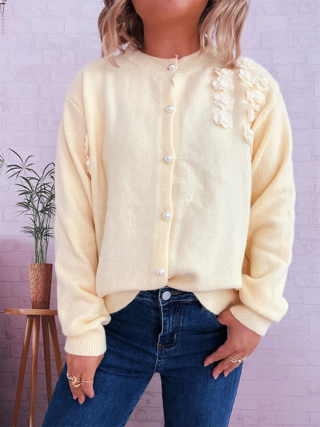 Sarah Express Women's Flower Button Up Long Sleeve Cardigan