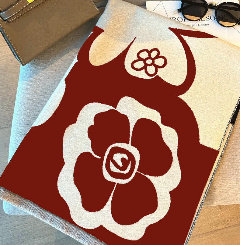 Women's Camellia Jacquard Scarf Imitation Cashmere Black Beige Elegant Winter Wrap