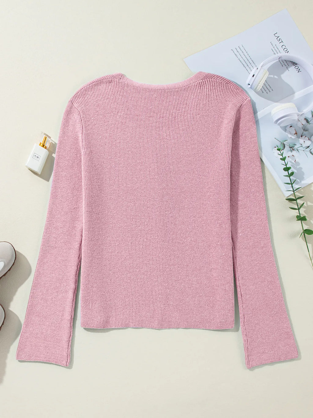 Sarah Express Women's Ribbed Knit Button Front V Neck Cardigan