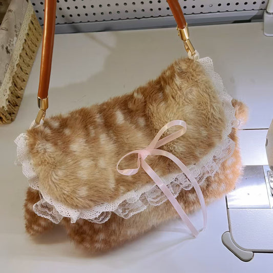 Sarah Express Women's Plush Bow-Tie Tote Underarm Bag – Fluffy Fawn Crossbody Handbag