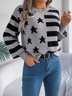 Sarah Express Women's Stars and Stripes Pattern Casual Round Neck Sweater