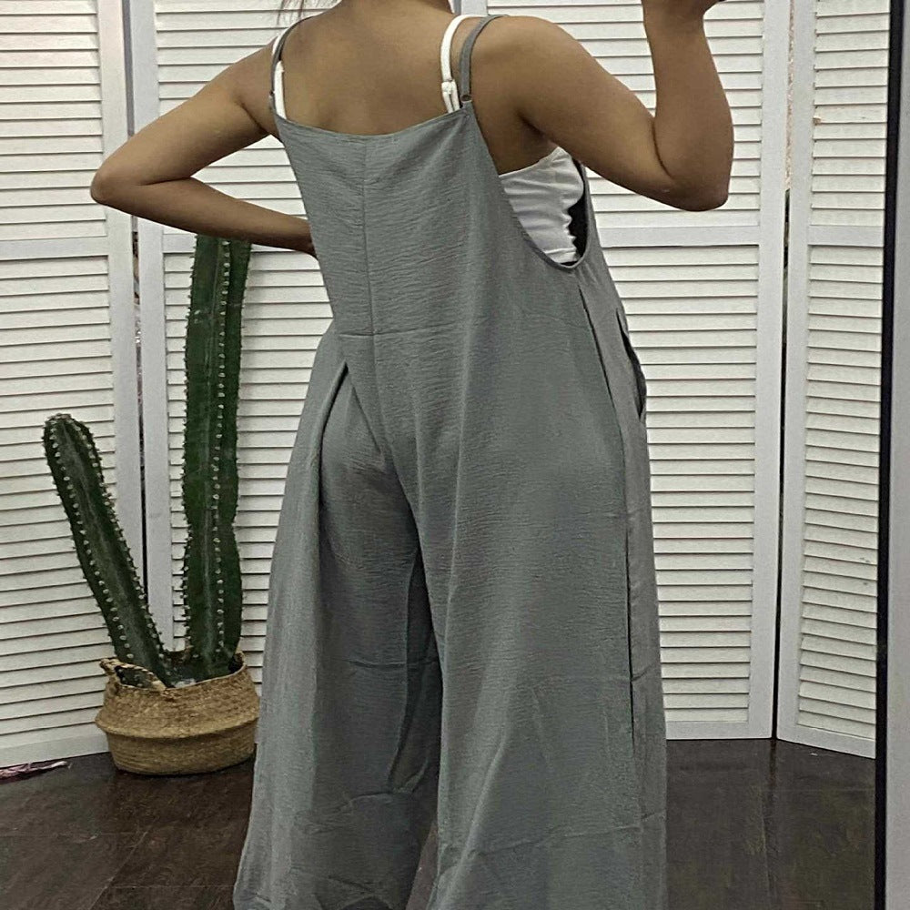 Women's Sleeveless Wide Leg Jumpsuit with Pockets Adjustable Strap Casual Summer Overall
