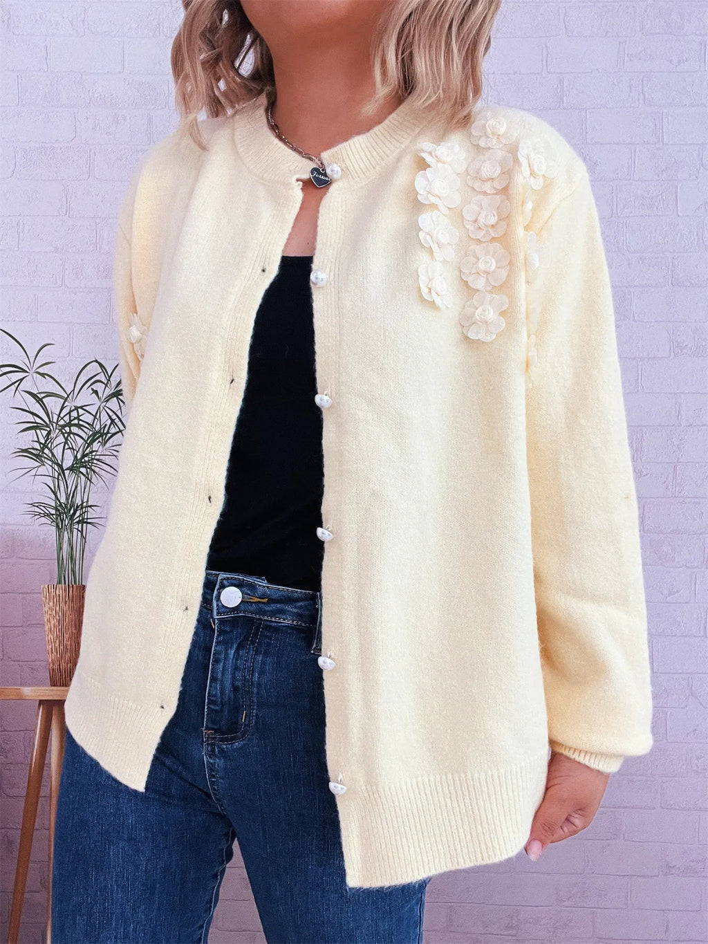 Sarah Express Women's Flower Button Up Long Sleeve Cardigan