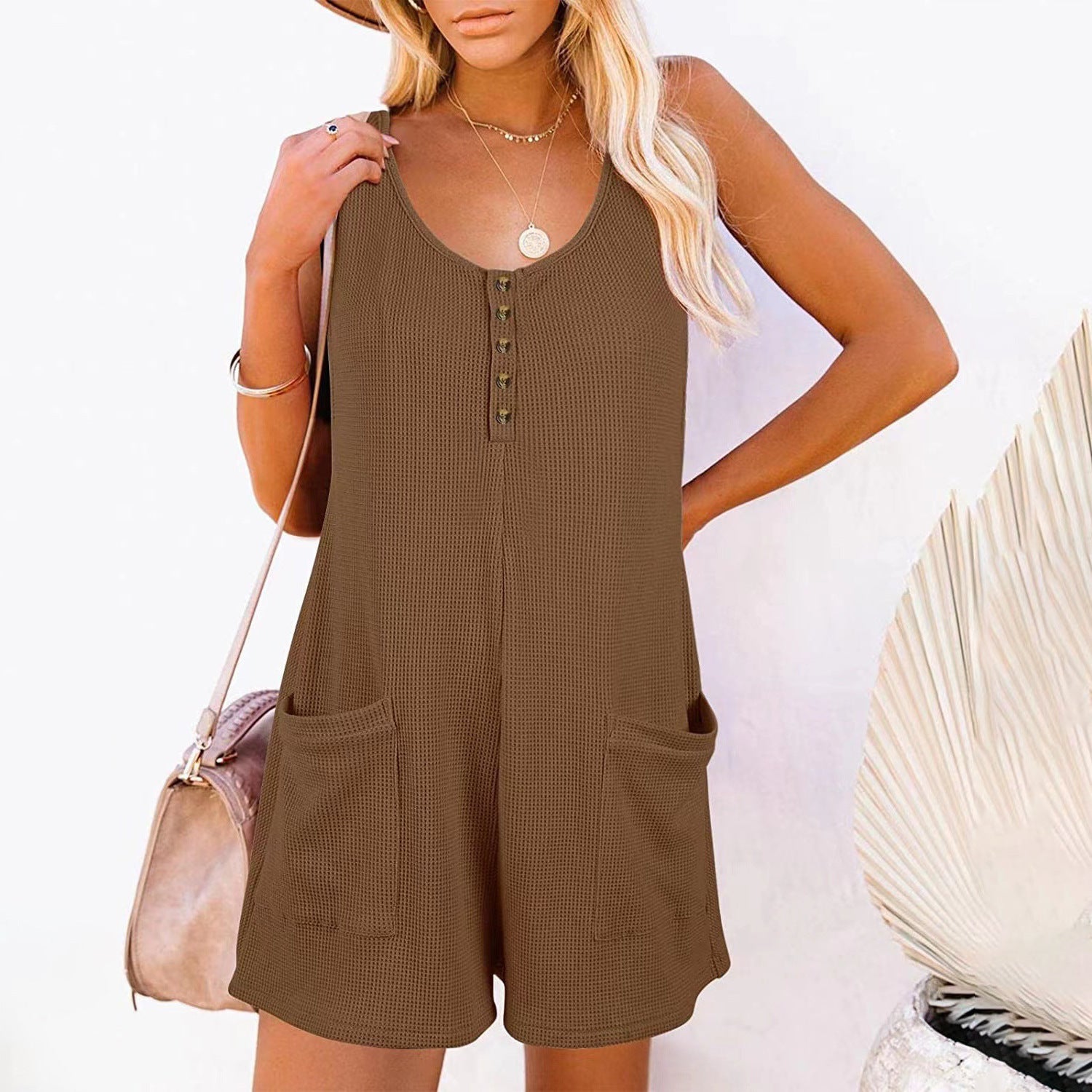 Women's Button Front Sleeveless Romper with Pockets