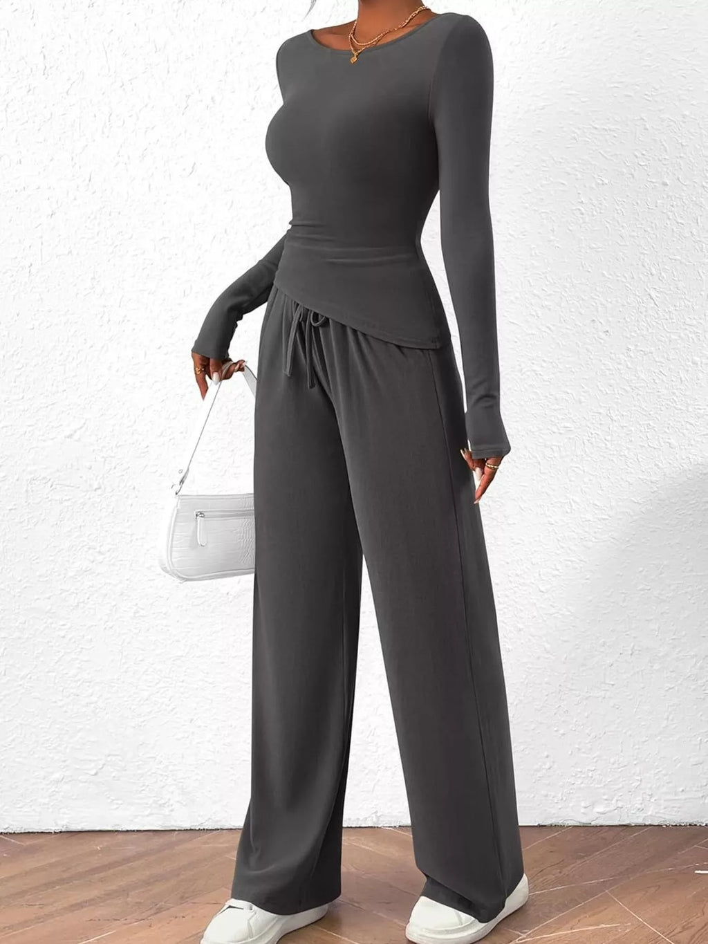 Sarah Express Women's Long Sleeve Top and Wide Leg Pants Set - Two Piece Outfit