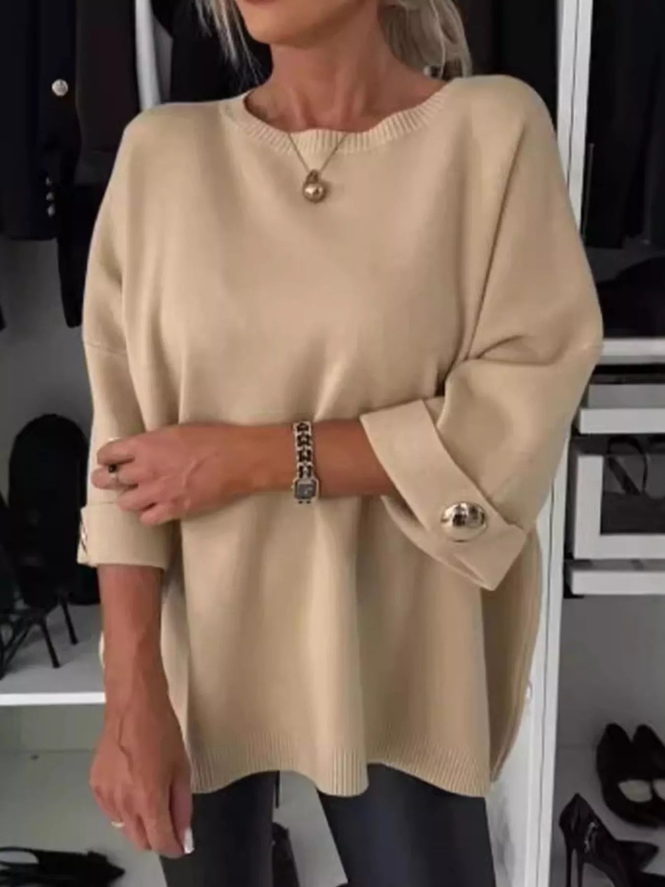 Sarah Express Women's Full Size Round Neck Drop Shoulder Top with Ribbed Trim Plus Size Khaki