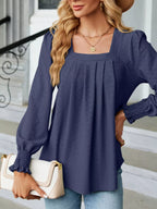 Sarah Express Women's Pleated Square Neck Long Sleeve Top