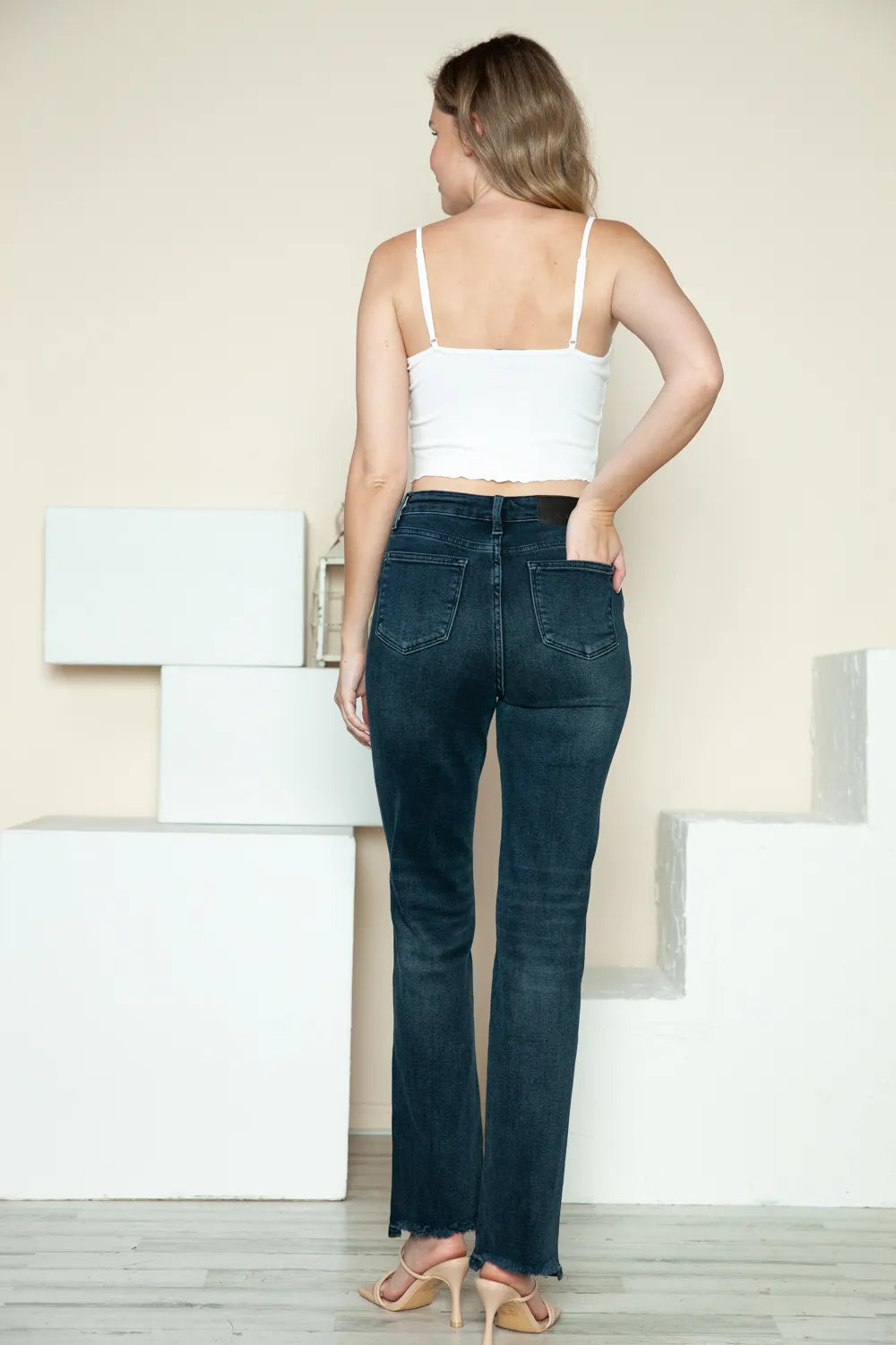 Sarah Express Women’s Plus Size High Rise Distressed Button Fly Straight Jeans
