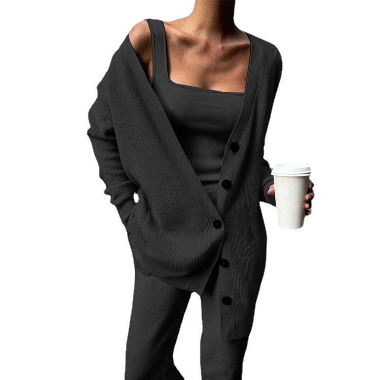 Knitted Three Piece Suit Set Cardigan Vest Pants Coordinated Outfit