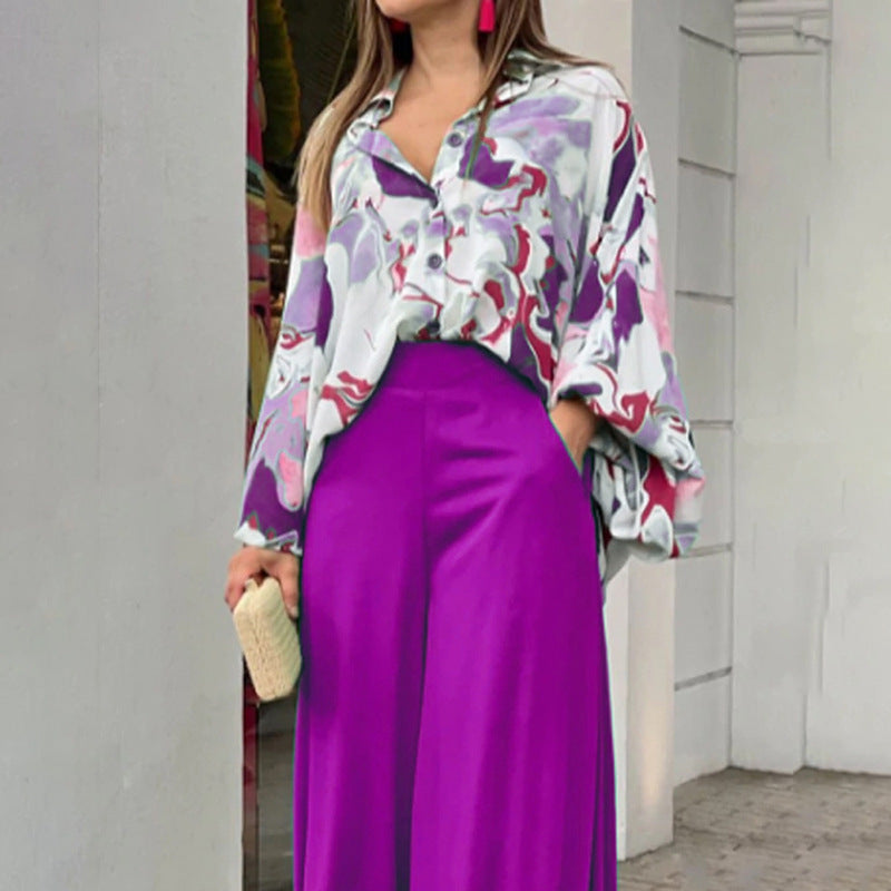 Women's Printed Shirt Wide Leg Pants Set Long Sleeve