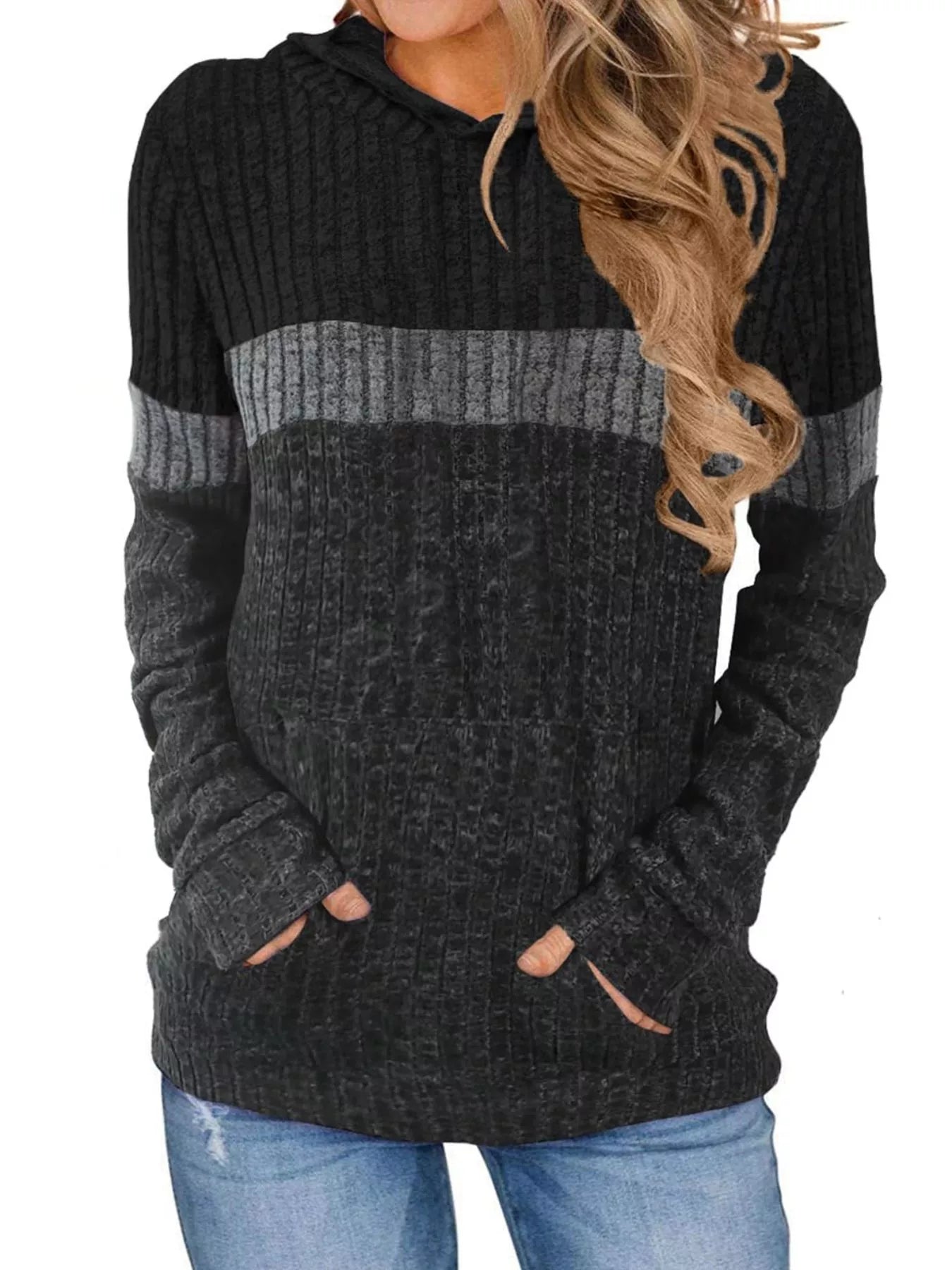 Sarah Express Women's Color Block Ribbed Knit Hoodie Plus Size Black