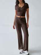 Sarah Express Women's Devine Short Sleeve Top and Drawstring Pants Set Brown