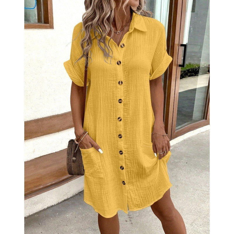 V-Neck Button Front Shirt Dress - A-Line Short Sleeve Women's Dress