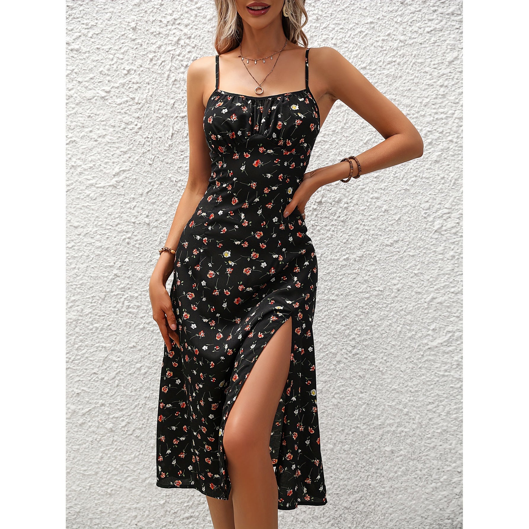 Polka Dot Suspender Maxi Dress with Split
