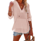 Women's V-Neck Hooded Shirt Long Sleeve Pockets Loose Fit