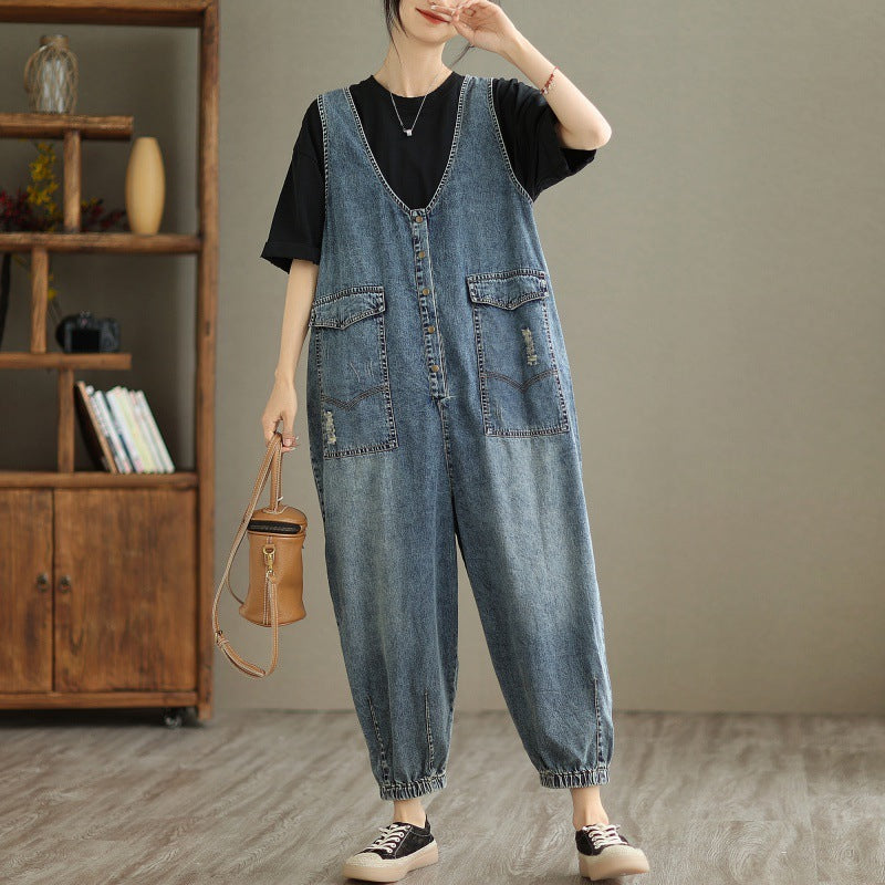 Women's Denim-Style Tank Top Jumpsuit - Summer Casual Cropped Ankle Length Sleeveless S-XL